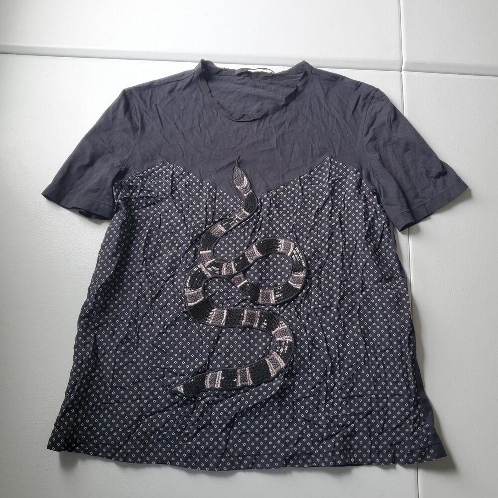 Animale T-Shirt Womens S Blue Crew Neck Short Sleeve Beaded Snake Silk Print Top